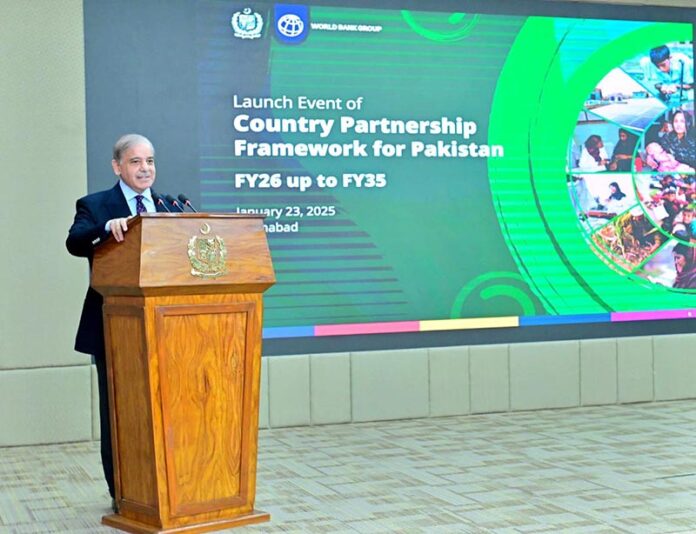 Prime Minister Muhammad Shehbaz Sharif addresses the launching ceremony of World Bank's Country Partnership Framework for Pakistan