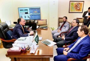 Federal Minister for Finance and Revenue Senator Muhammad Aurangzeb holds a meeting with Yousaf Hussain, President of the Overseas Investors Chamber of Commerce & Industry (OICCI), who called on the Minister at Finance Division
