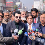 Barrister Danyal Chaudhry, Parliamentary Secretary for Information and Broadcasting talking to media