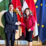 Chairman Senate, Syed Yousaf Raza Gilani shaking hands with Andrea Eder-Gitschthaler, the president of the Federal Council of Austria