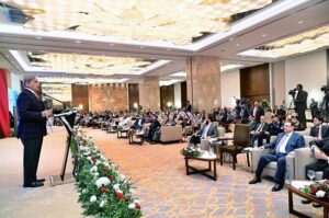 Prime Minister Muhammad Shehbaz Sharif addressing the inaugural ceremony of an International Hotel.