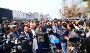Barrister Danyal Chaudhry, Parliamentary Secretary for Information and Broadcasting talking to media