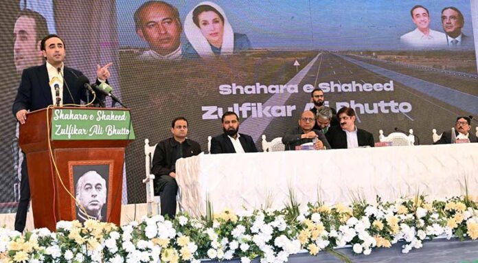 Chairman Pakistan Peoples Party Bilawal Bhutto Zardari addressing during opening ceremony of the first phase of Shahrah Bhutto (Shaheed Zulfikar Ali Bhutto Expressway) Qayyumabad to Shah Faisal Colony, 9.1 km