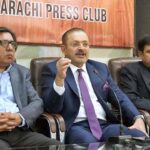 Senior Minister and Provincial Minister for Information, Transport & Mass Transit, Sharjeel Inam Memon talking to media Persons during visit at KPC