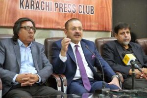 Senior Minister and Provincial Minister for Information, Transport & Mass Transit, Sharjeel Inam Memon talking to media Persons during visit at KPC