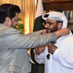 Sindh Governor, Kamran Khan Tessori presenting Gold Medal to UAE Consul General Bakhit Atiq Rumithi for his valuable services at Governor House