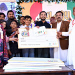 Director Schools Education (E.S&H.S) Larkana Region Syed Safdar Ali Shah along with District Education Officer (ES&HS) Gul Bahar Magsi giving away prizes to the students of Government Boys Karma Bagh High School who secured first position in the STEM Competition 2025 at Govt. Pilot Higher Secondary School