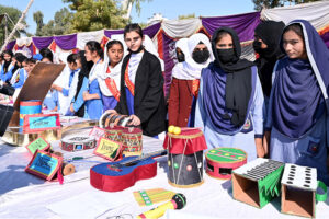 Director Schools Education (E.S&H.S) Larkana Region Syed Safdar Ali Shah along with District Education Officer (ES&HS) Gul Bahar Magsi giving away prizes to the students of Government Boys Karma Bagh High School who secured first position in the STEM Competition 2025 at Govt. Pilot Higher Secondary School