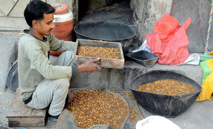 A vendor busy cleaning grams at his shop