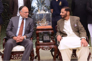 Federal Minister for Planning, Development and Special Initiatives Mr. Ahsan Iqbal addresses Press Conference at the Residence of Muzaffar Ali Shujra
