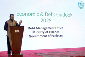 Advisor to Federal Finance Minister, Khurram Schehzad addressing a workshop titled “Economic and Debt Outlook 2025”.