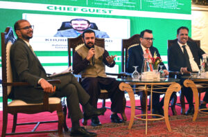Advisor to Federal Finance Minister, Khurram Schehzad speaking during the question and answer session of a workshop titled “Economic and Debt Outlook 2025” at a local hotel.