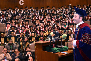 Chairman Pakistan People’s Party, Bilawal Bhutto Zardari addresses during 28th annual Convocation ceremony of Mehran University of Engineering and Technology Jamshoro