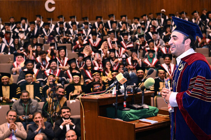 Chairman Pakistan People’s Party, Bilawal Bhutto Zardari addresses during 28th annual Convocation ceremony of Mehran University of Engineering and Technology Jamshoro