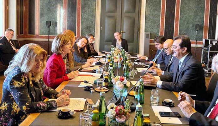 High level parliamentary delegation from Pakistan led by Chairman Senate, Syed Yousaf Raza Gilani in a bilateral meeting with Ms. Andrea Eder-Gitschthaler, the President of the Federal Council Austria