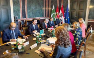 High level parliamentary delegation from Pakistan led by Chairman Senate, Syed Yousaf Raza Gilani in a bilateral meeting with Ms. Andrea Eder-Gitschthaler, the President of the Federal Council Austria