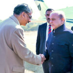 Prime Minister Muhammad Shehbaz Sharif is being received by Prime Minister of Azad Jammu and Kashmir Chaudhry Anwaar-ul-Haq at Bhimber Helipad