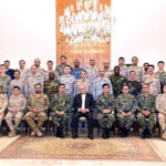 President Asif Ali Zardari in a group photo with the participants of the 38th Air War Course, currently undergoing training at the PAF Air War College Institute Karachi, at Aiwan-e-Sadr