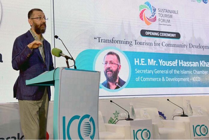 Secretary Islamic Chamber of Commerce & Development (ICCD) Yousef Hassan Khalawi addressing, during opening ceremony during the Sustainable Tourism Forum Organized by ICCD and FPCCI at a local hotel