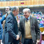 Prime Minister Muhammad Shehbaz Sharif meets parliamentarians during the National Assembly session