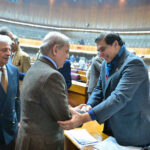 Prime Minister Muhammad Shehbaz Sharif meets parliamentarians during the National Assembly session