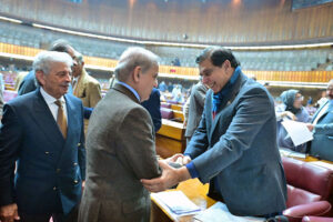 Prime Minister Muhammad Shehbaz Sharif meets parliamentarians during the National Assembly session