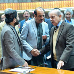Prime Minister Muhammad Shehbaz Sharif meets parliamentarians during the National Assembly session