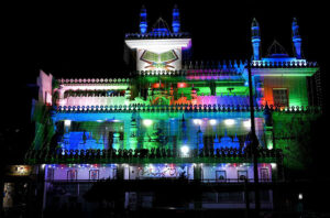 An illuminated view of Jamia Masjid Babul Islam decorated with colorful lights in connection with Shab-e-Miraj Celebrations.