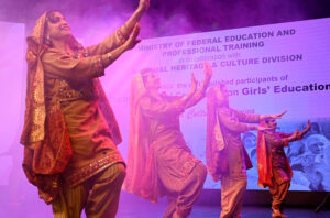 Artists performing folk dance at the Cultural Evening at PNCA, honoring delegations of the International Conference on Girls’ Education