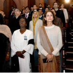 Secretary Information and Broadcasting Ambreen Jan along with delegates of the International Conference on Girls’ Education standing in respect of national anthem at the Cultural Evening, honoring the delegates at PNCA