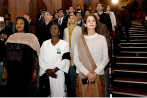 Secretary Information and Broadcasting Ambreen Jan along with delegates of the International Conference on Girls’ Education standing in respect of national anthem at the Cultural Evening, honoring the delegates at PNCA