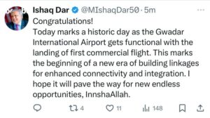 DPM/FM Dar terms Gwadar Int’l airport functioning as historic