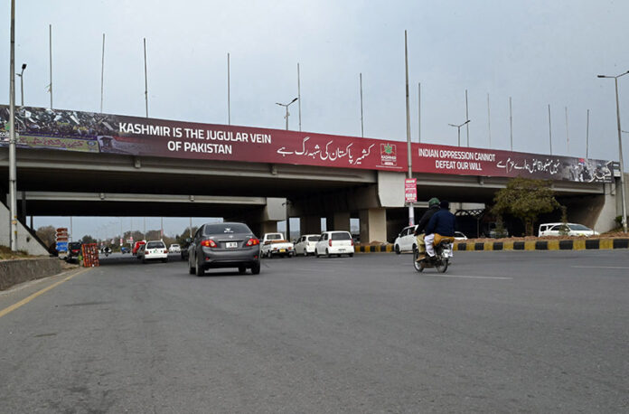 A view of banners displayed on a bridge along the Expressway in connection with Kashmir Solidarity Day