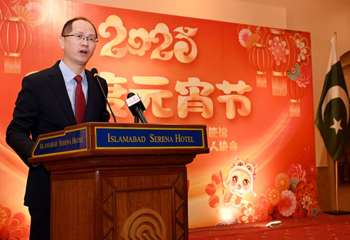 Charge d'affaires of Chinese Embassy H.E. Mr. Shi Yuanqiang addressing a celebration event for the Chinese New Year, especially for the Lantern Festival at Local hotel
