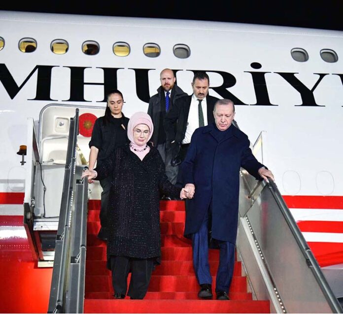 President of Turkiye, Recep Tayyip Erdogan and First Lady of Turkiye Mrs. Emine Erdogan arriving at Nur Khan Airbase