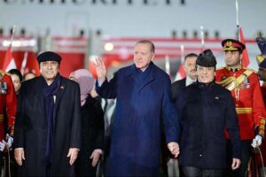 President Asif Ali Zardari accompanied by Prime Minister Muhammad Shehbaz Sharif welcoming the Turkish President Recep Tayyip Erdogan at Nur Khan Airbase