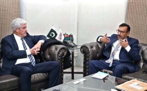 Managing Director Associated Press of Pakistan Muhammad Asim Khichi meeting with Frederico Silva, Ambassador of Portugal during his visit to APP Headquarters.
