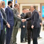 Prime Minister Muhammad Shehbaz Sharif and President of Uzbekistan H.E. Shavkat Mirziyoyev introducing their respective delegations at the official welcoming ceremony held at Congress Centre Tashkent