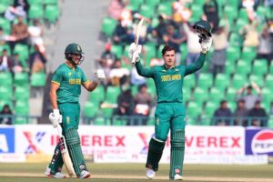 South Africa batsman Matthew Breetzke celebrates after complete century in One-Day International cricket match between South Africa and New Zealand during the Tri-Nation Series 2025 at the Gaddafi Stadium.