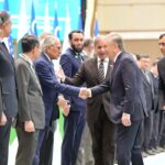 Prime Minister Muhammad Shehbaz Sharif and President of Uzbekistan H.E. Shavkat Mirziyoyev introducing their respective delegations at the official welcoming ceremony held at Congress Centre Tashkent
