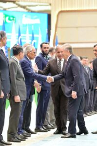 Prime Minister Muhammad Shehbaz Sharif and President of Uzbekistan H.E. Shavkat Mirziyoyev introducing their respective delegations at the official welcoming ceremony held at Congress Centre Tashkent