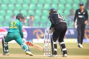 South Africa batsman Matthew Breetzke celebrates after complete century in One-Day International cricket match between South Africa and New Zealand during the Tri-Nation Series 2025 at the Gaddafi Stadium.