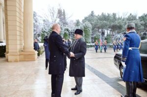 Prime Minister Muhammad Shehbaz Sharif shakes hands with the President of Azerbaijan H.E. Ilham Aliyev in Baku, Azerbaijan.