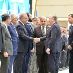 Prime Minister Muhammad Shehbaz Sharif and President of Uzbekistan H.E. Shavkat Mirziyoyev introducing their respective delegations at the official welcoming ceremony held at Congress Centre Tashkent