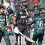 Pakistani bowler Abrar Ahmed celebrates after taking the wicket of New Zealand batsman Rachin Ravindra during first match of Tri-Nation Series played between Pakistan and New Zealand cricket teams at Gaddafi Stadium