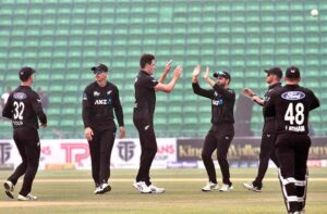 South Africa batsman Matthew Breetzke celebrates after complete century in One-Day International cricket match between South Africa and New Zealand during the Tri-Nation Series 2025 at the Gaddafi Stadium.