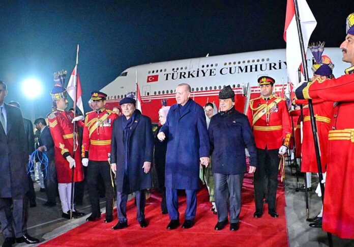 President Asif Ali Zardari and Prime Minister Muhammad Shehbaz Sharif receive the President of Turkiye H.E. Recep Tayyip Erdogan upon his arrival for his two day official visit of Pakistan