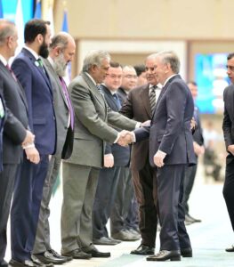 Prime Minister Muhammad Shehbaz Sharif and President of Uzbekistan H.E. Shavkat Mirziyoyev introducing their respective delegations at the official welcoming ceremony held at Congress Centre Tashkent