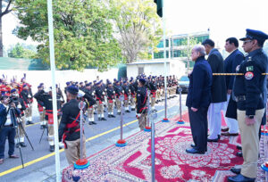 Prime Minister Muhammad Shehbaz Sharif receives guard of honor upon his arrival at AJK Legislative Assembly.