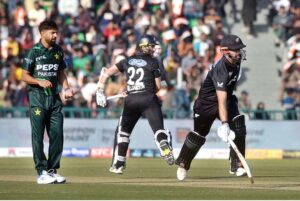 Pakistani bowler Abrar Ahmed celebrates after taking the wicket of New Zealand batsman Rachin Ravindra during first match of Tri-Nation Series played between Pakistan and New Zealand cricket teams at Gaddafi Stadium